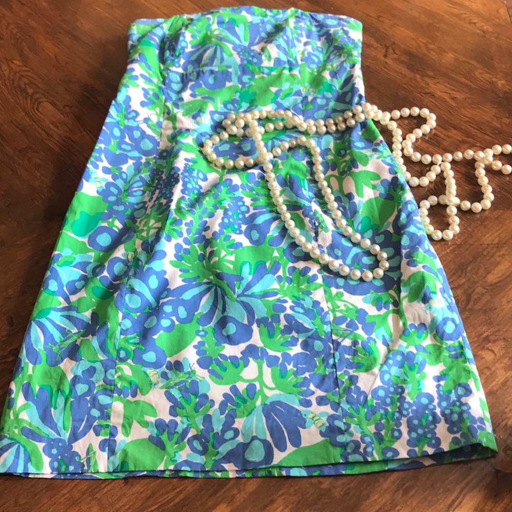 Lilly Pulitzer Strapless Dress in Blue and Green Floral